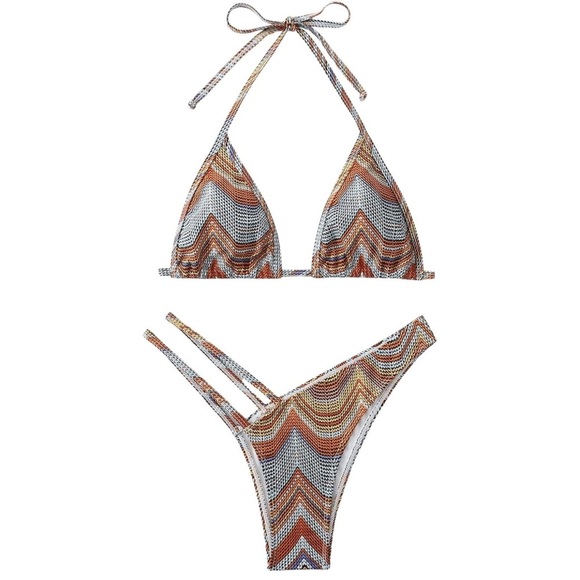 Shimmer Boho Print Cut Out Bikini Set | Triangle Top/high cut bottoms | S | NEW - Picture 3 of 5
